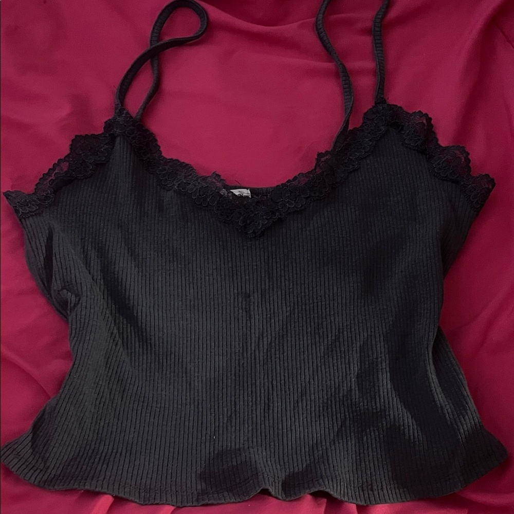 Garage Black Ribbed Cami with Lace Trim